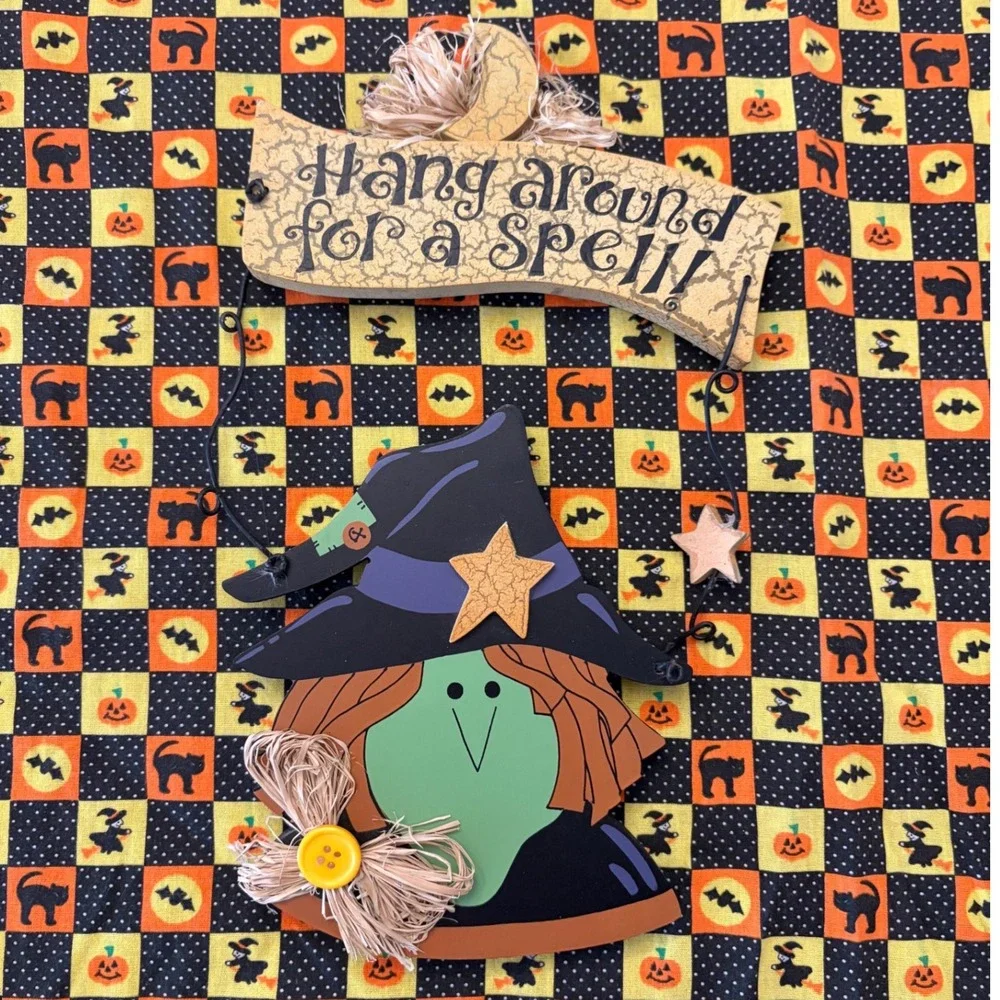 Halloween Decor Witch Sign Hang Around For a Spell‎ Wooden Moon Star Handmade